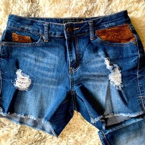 Cato Distressed Denim Shorts with Brown Accents - Size 6